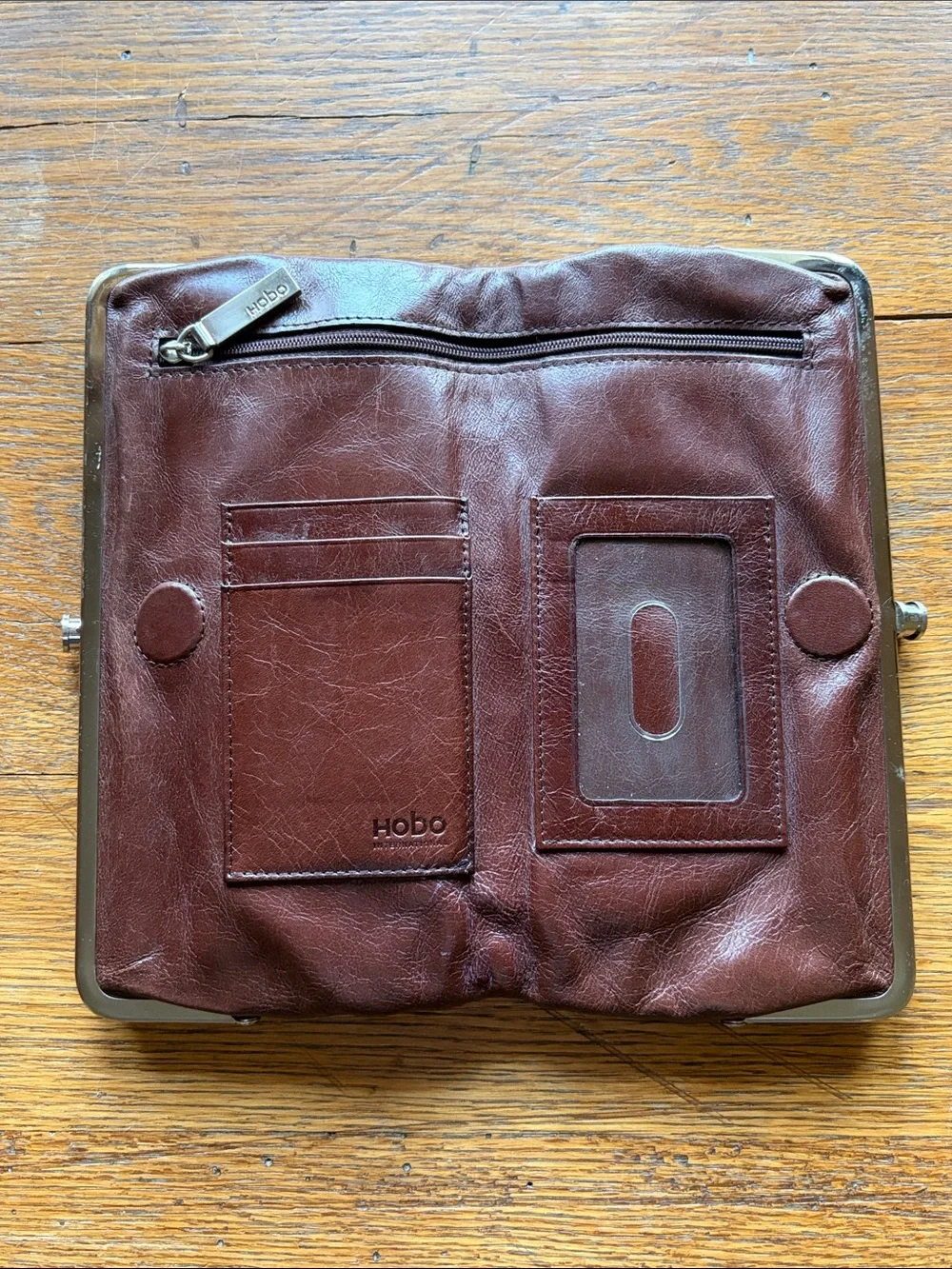 Hobo International Brown Leather Frame Wallet Kiss Lock Clutch Organizer